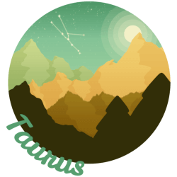 A circular illustration of browns and greens with four layers of jagged mountains. The word Taurus follows the circles edge. A constellation for the zodiac sign  can be seen in the sky.