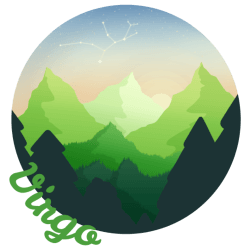 A circular illustration of deep greens and multiple layers of mountains. The word Virgo follows the circles edge. A constellation for the zodiac sign virgo can be seen in the sky.