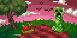 A creeper from Minecraft standing on the edge of a picnic blanket, there is a basic with apples within and a tree to the side, the sun is setting, turning the sky into shades of pink.