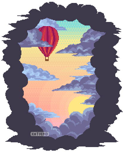 A red hot air balloon rises up through clouds, a sun is setting below, with a border made of more clouds.