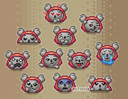 A group of rounded koala's in a red hoodie emoji, there are eleven different expressions shown.