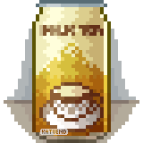 A pixel representation of a can of milk tea, the design is mostly yellows and browns with a cup seen at the bottom of the can.