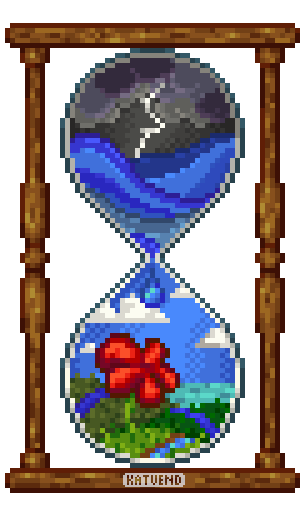 An hourglass is seen in a wooden frame, the top half shows stormy seas with lightning striking, below is shows a water drop falling through to a calm meadow with a red flower in the foreground.