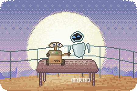 A scene of WALL-E and EVE sitting on a bench holding hands, a moon is rising behind them.